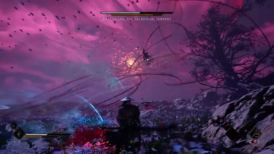 Bai Chilian, the Sacrificial Serpent, striking from a burst of light in a magenta sky full of crows