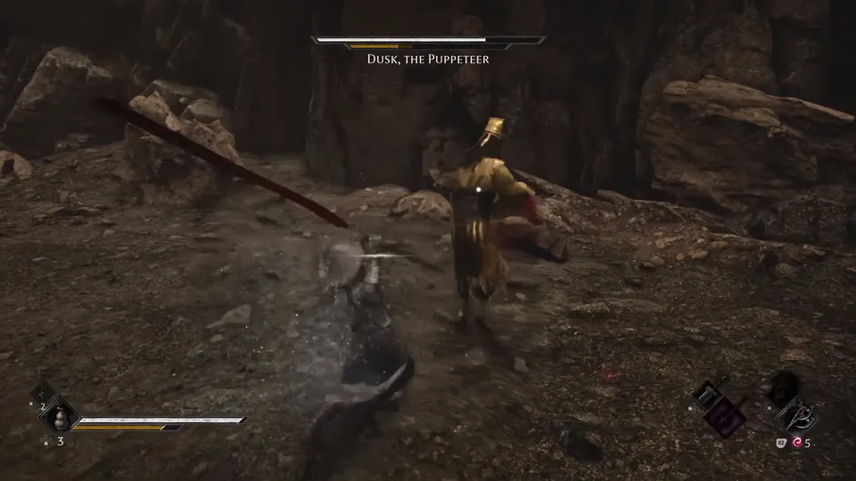 Dusk, the Puppeteer, in golden robes fighting Soul on a rocky canyon floor, one health bar
