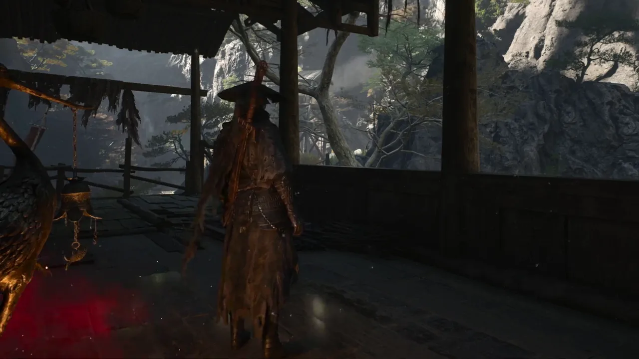 Soul under a wooden lookout roof beside the Lóng Pillar Overlook crane bell, cliffs and pines beyond the railing