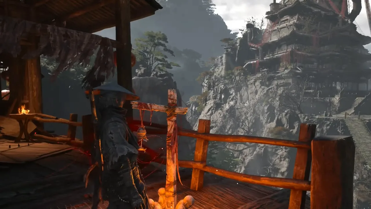 Soul at the Ruthless Archer Camp bell on a plank balcony with a red railing, the Sha-Chi tower rising across the gorge