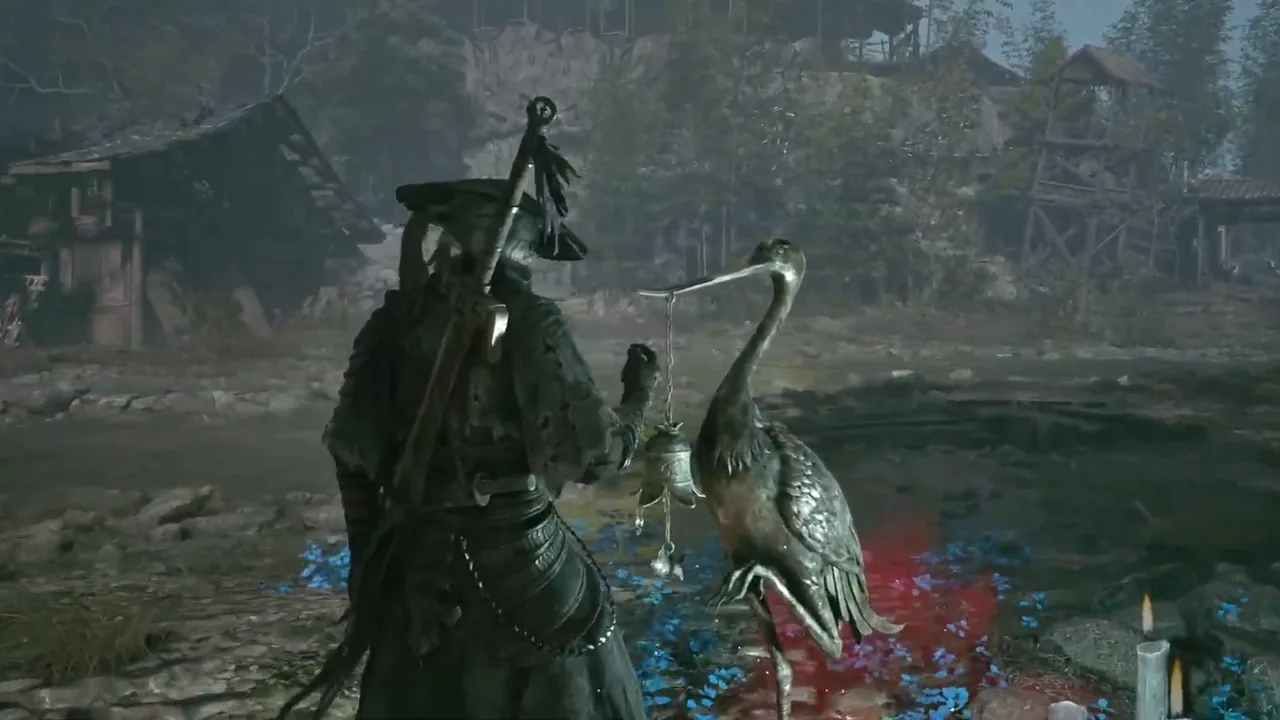 Soul ringing The Axemaster's Fall bell, a bronze crane statue among blue flowers on a riverbank below wooden houses and a watchtower