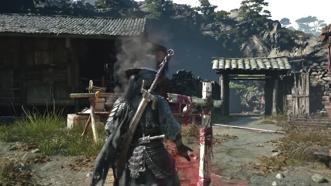 Soul at the bell of The Axemaster's Holding Cell, a thatched hut and a tiled gate behind him