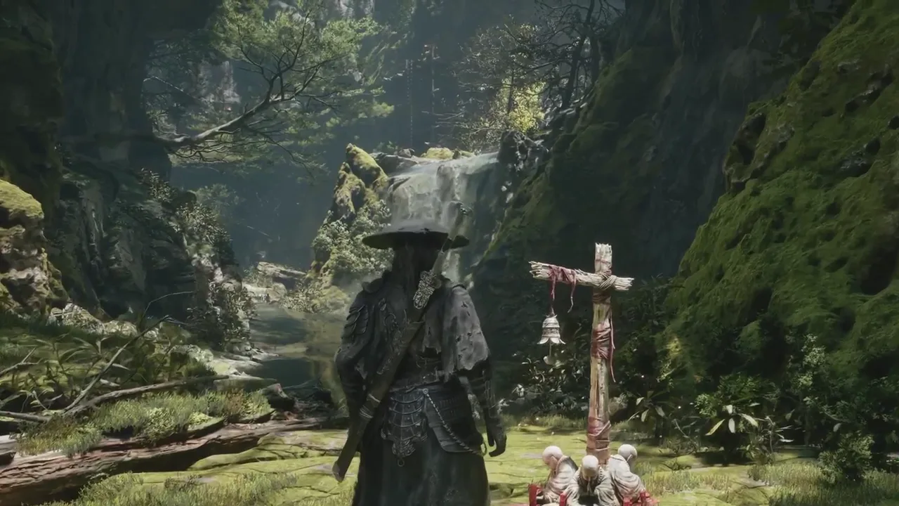 Soul before the bell of The Beginning, a cross-shaped post in red cloth above three small monk statues, below a waterfall