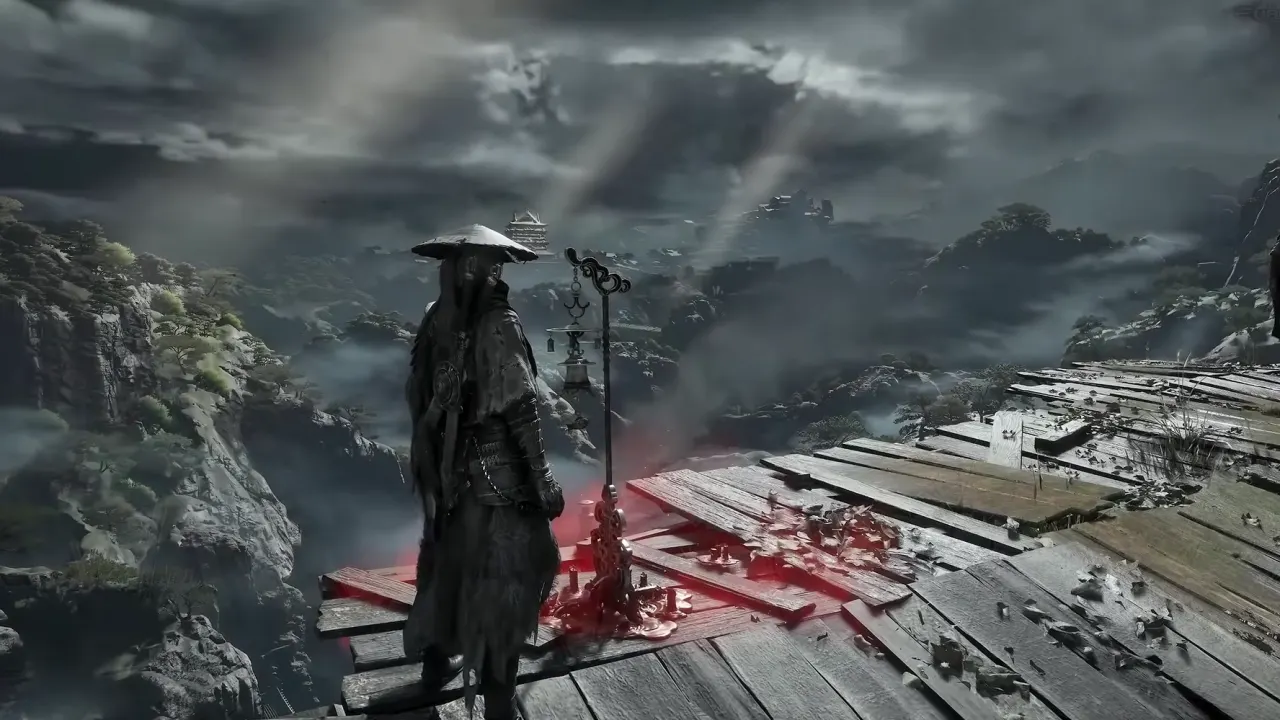 Soul at the summit bell, a plank platform above a misty valley