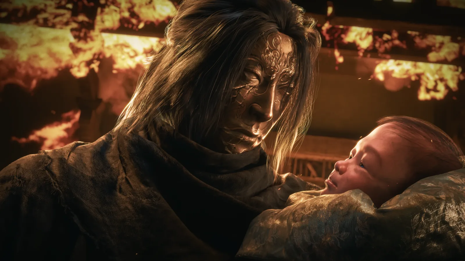 A long-haired swordsman cradling an infant in a burning room