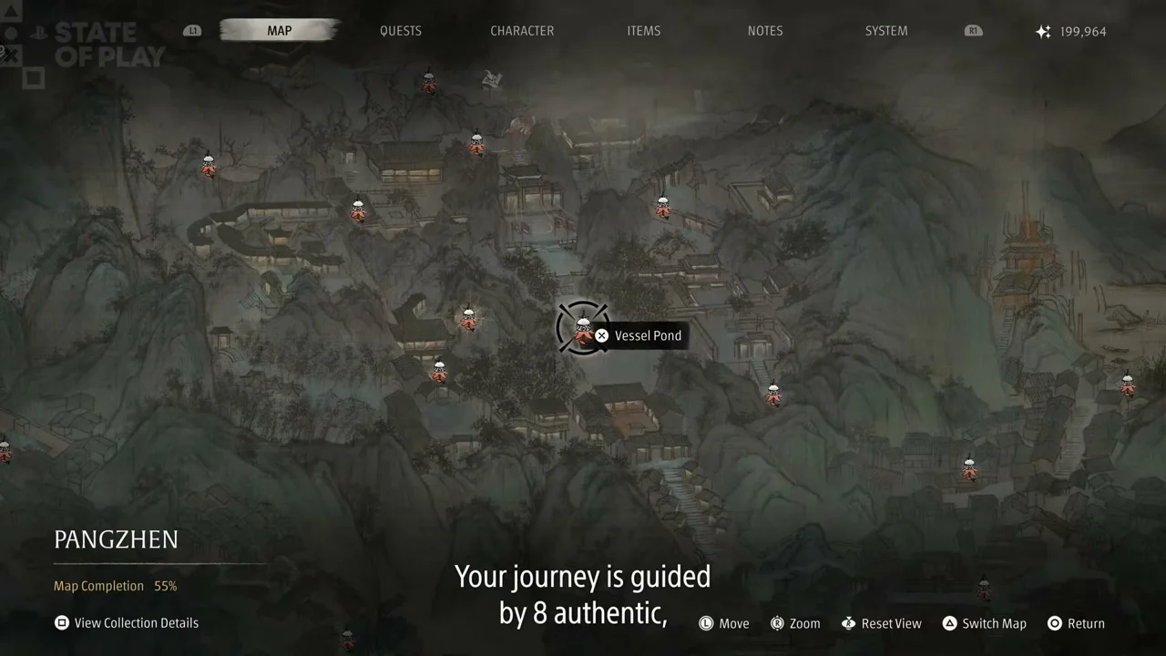 Ink-wash map of Pangzhen with bell markers
