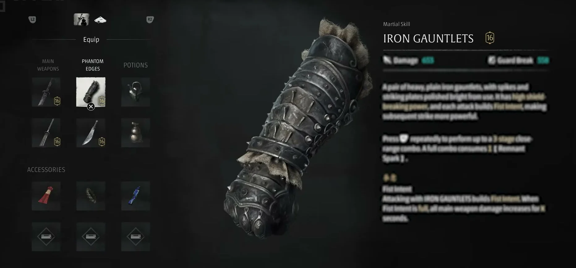 The final build's Equip menu: Main Weapons, Phantom Edges and Potions columns on the left, the Iron Gauntlets card on the right