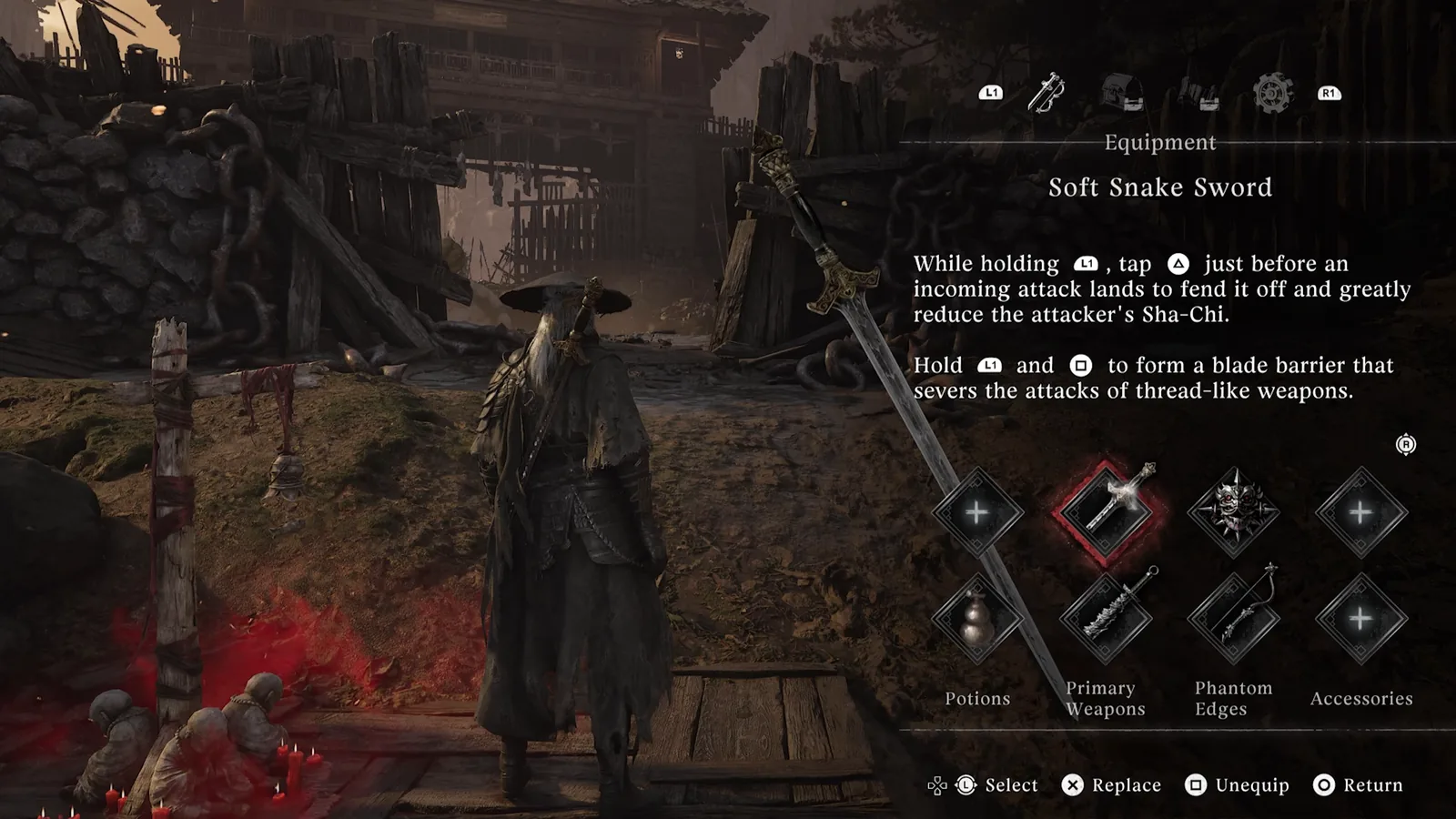 The Equipment screen: Soul on the left, the selected weapon's card on the right, and four slot columns — Potions, Primary Weapons, Phantom Edges, Accessories