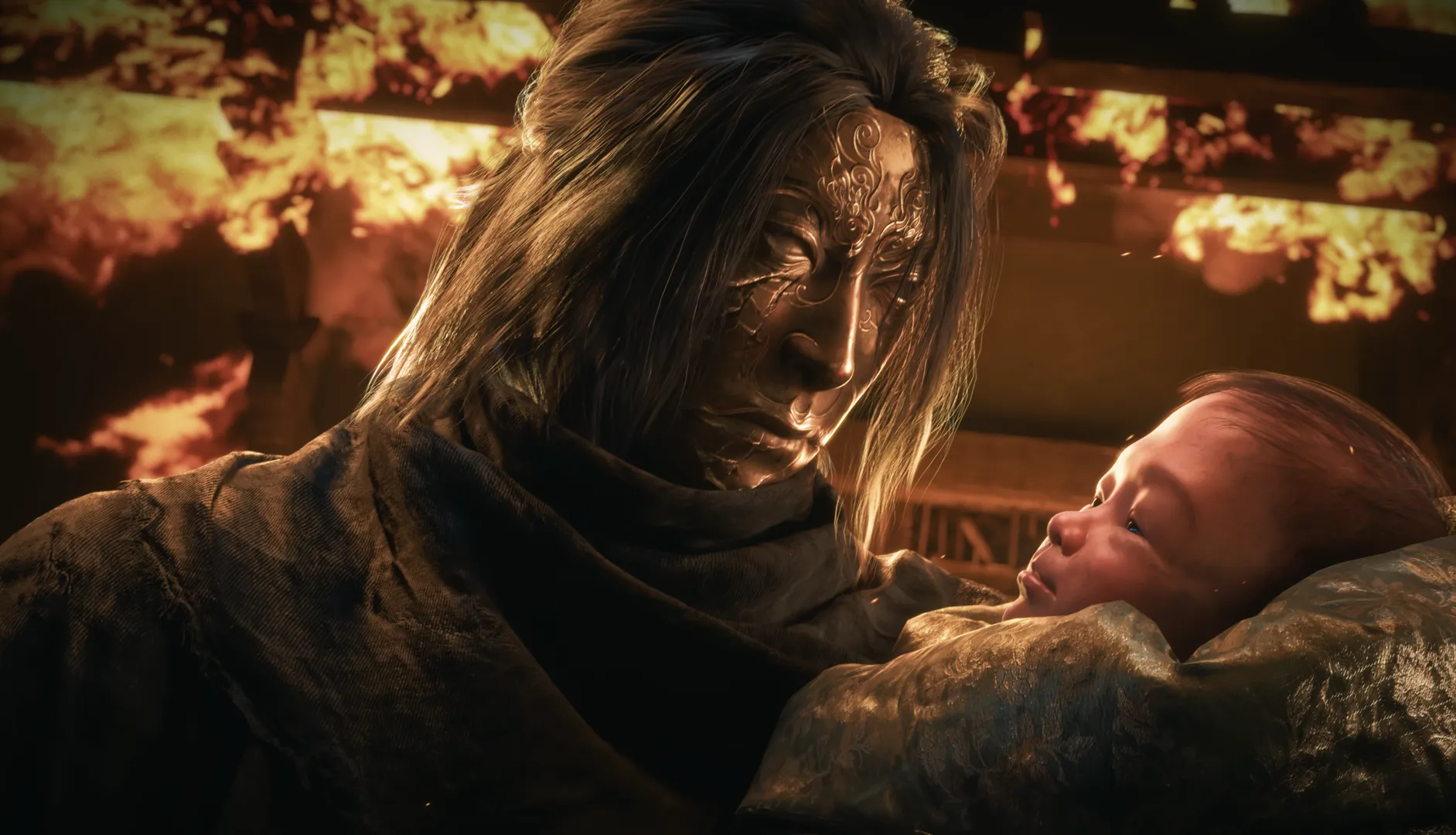 Mó Yuan cradling a sleeping baby in a burning house