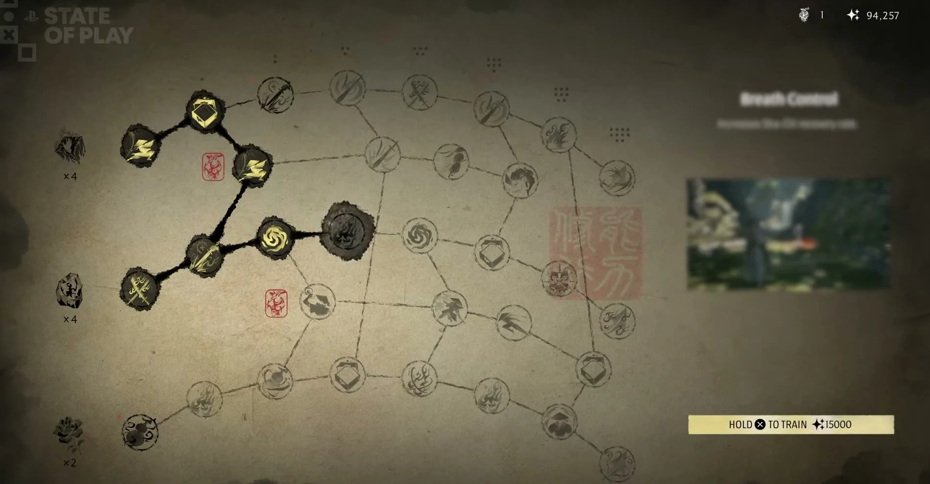 The ink-painted skill tree: three rows of about 38 nodes, a lit path from Fluid Control to Breath Control, the selected node's card on the right