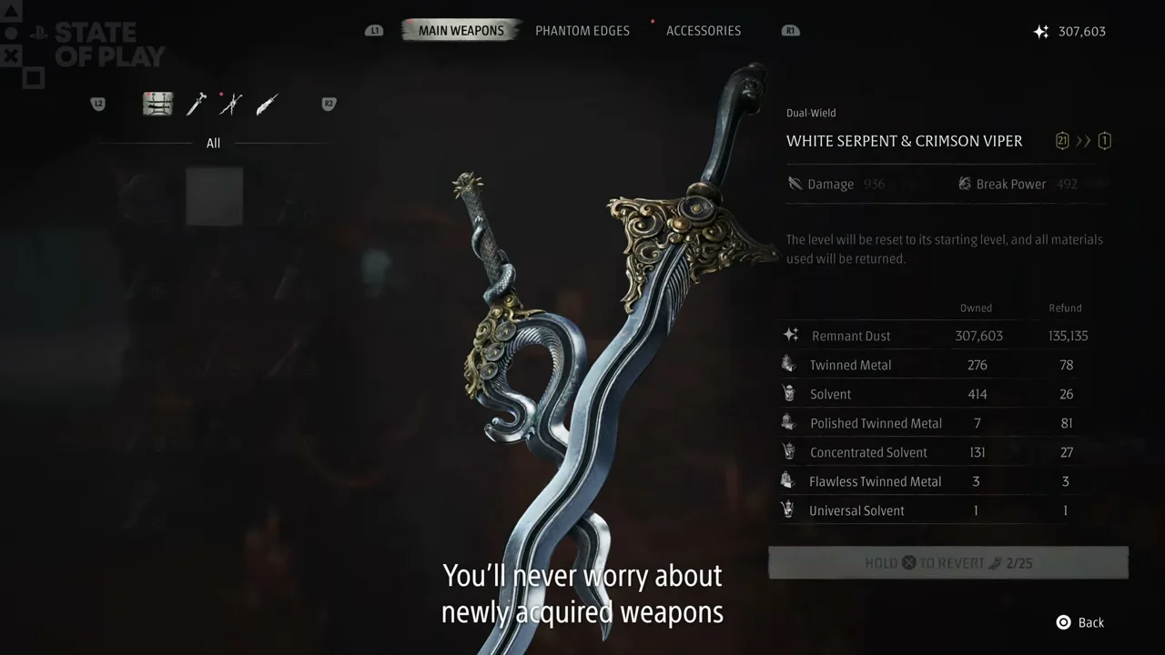 The weapon revert screen listing materials owned and refunded